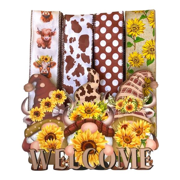 Cow & Sunflower Welcome Gnome Ribbon Bundle | Fall Wreath Kit | Country Decor - Picture 1 of 8